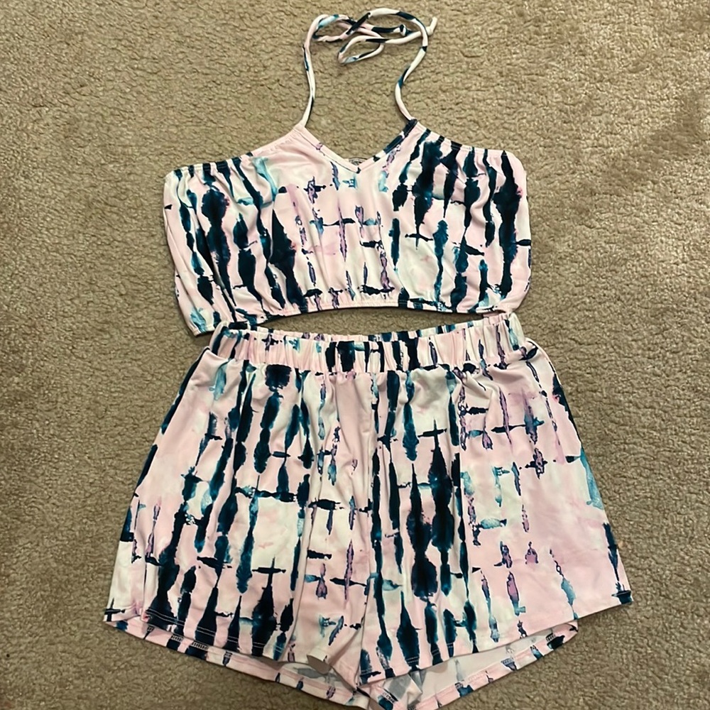 Halter top Two piece set blue/pink